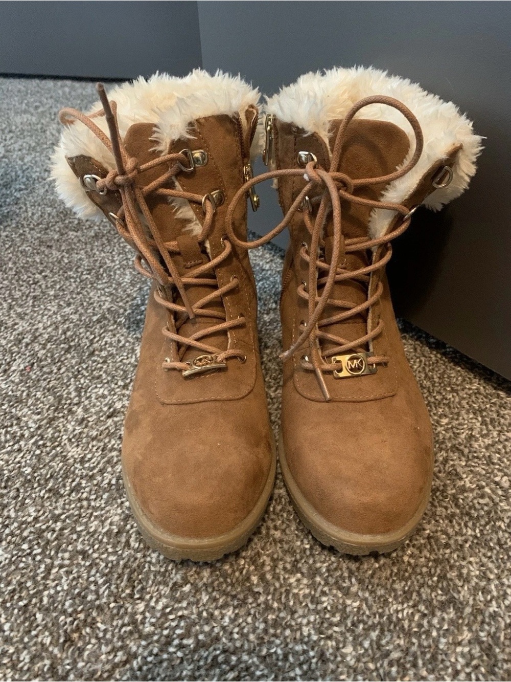 Michael Kors Tan Suede Faux-Fur Lined Winter Lace-Up Boots